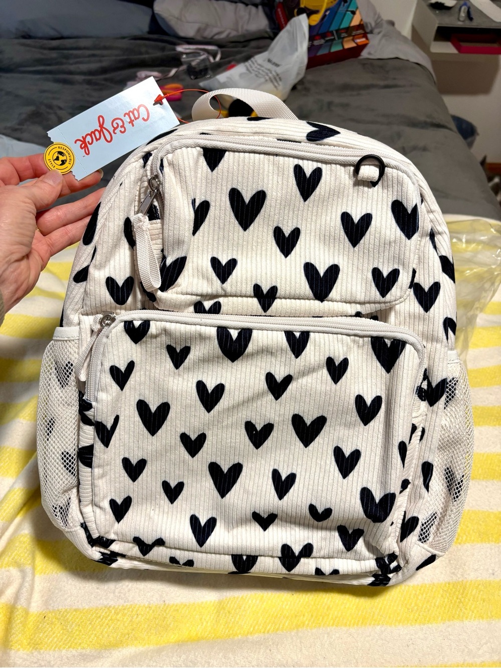 Cat & Jack White Backpack with Black Heart Print, NWT